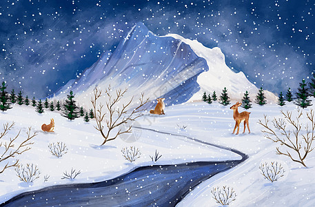 粉红雪山新的一年冬季风景插画