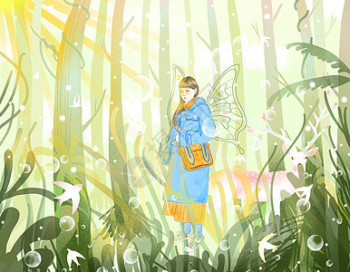 森林蝴蝶女孩背景图片