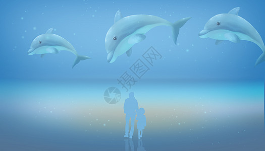 亲子梦幻海豚插画图片