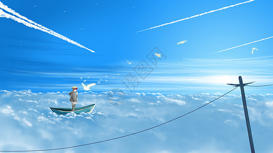 云海中的小船与少年插画背景图片