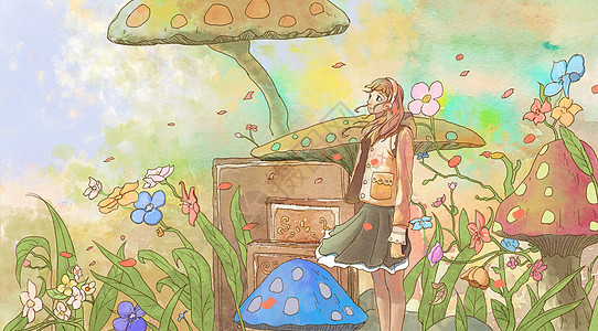 蘑菇下的女孩背景图片