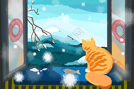 冬天的小猫橘色天空高清图片