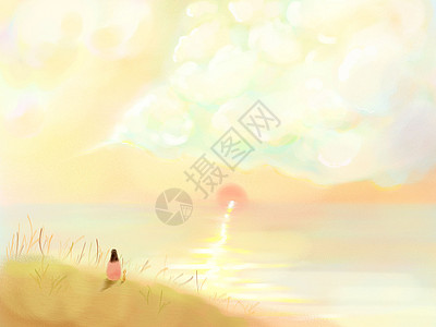 插画云彩芦苇坡夕阳设计图片