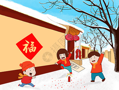 欢度春节雪地放鞭炮高清图片