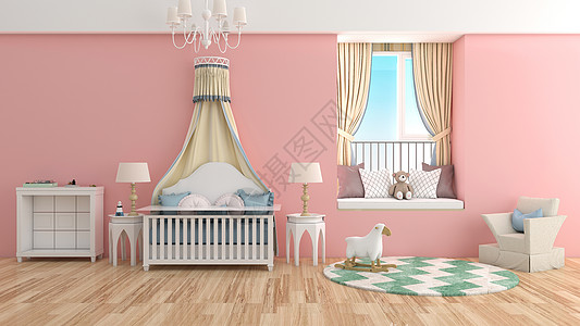 公主床简约粉色儿童房室内家居背景设计图片