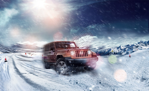 行驶中的车在雪地中飞速前进的车设计图片