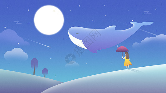 小女孩撑伞夜空中的鲸鱼和女孩插画