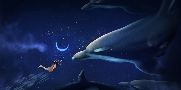 海豚和女孩的星空图片