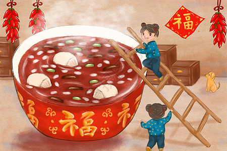 紫薯和红辣椒偷吃腊八粥的小孩插画