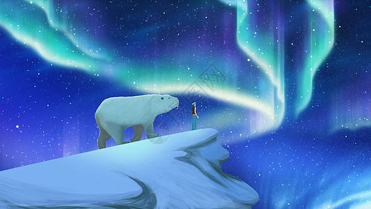 北极熊与极光插画图片