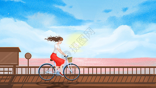 海边骑车的少女背景图片