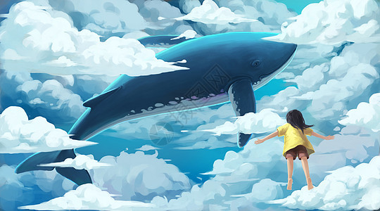 云中遨游的鲸鱼与女孩图片