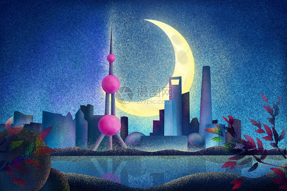 上海夜景插画图片