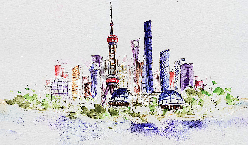 上海风光水彩画插画图片下载 正版图片 摄图网 上海风光水彩画插画图片下载 正版图片 摄图网