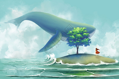 云端的鲸鱼天空中的鲸鱼漫画树高清图片