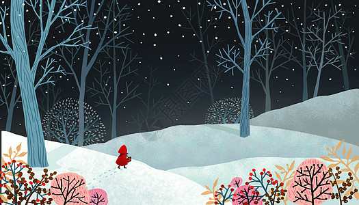 雪夜意境手绘插画图片
