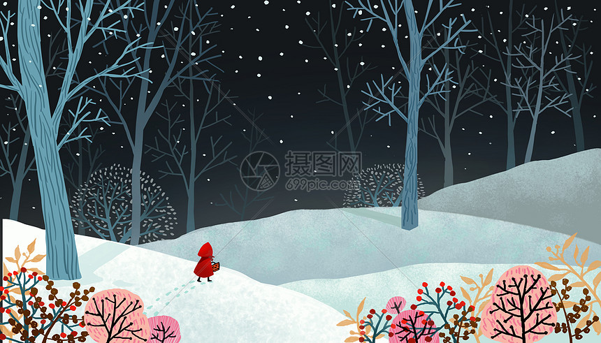 雪夜意境手绘插画图片