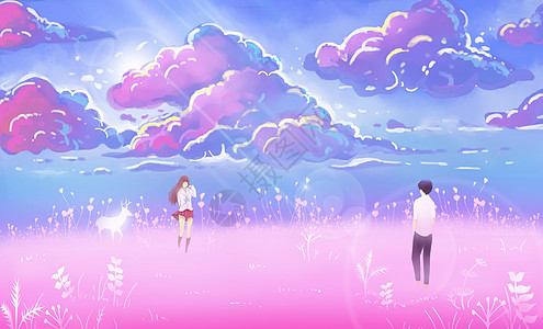 紫色天空梦幻情人节插画