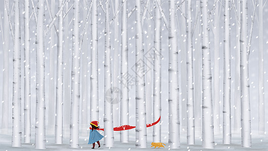 白桦林中的小女孩与猫插画插画