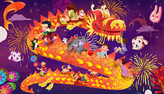 新年舞龙插画背景图片