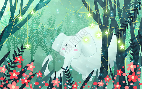 铜线灯串树林中的大象插画