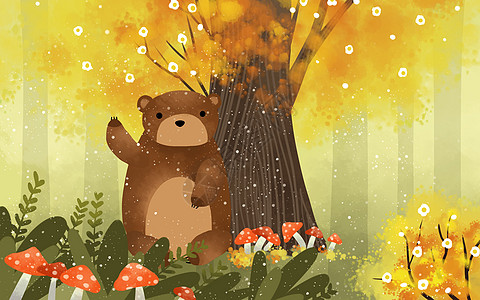 可爱棕熊树叶下躲雨熊高清图片