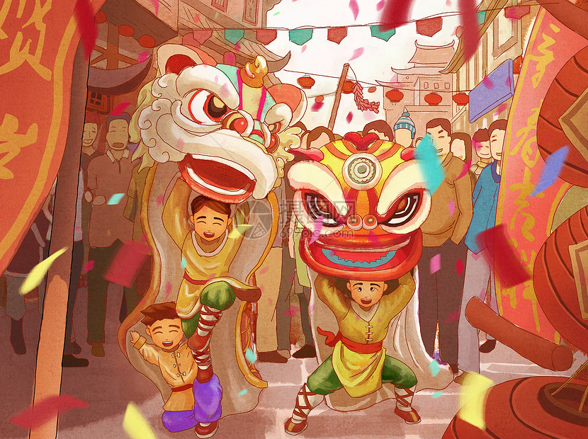 新年舞狮插画图片下载-正版图片400096925-摄图网