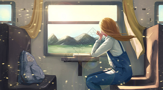 文艺眼镜坐火车的女孩插画