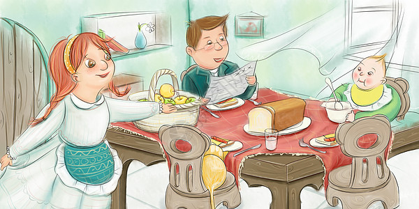 牛奶孩子一家人的早餐插画