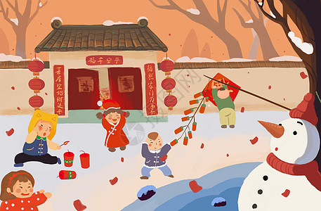 新年插画小孩子堆雪人高清图片