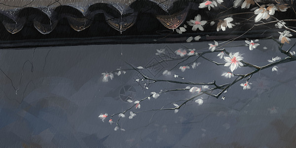 雨中花朵屋檐插画高清图片