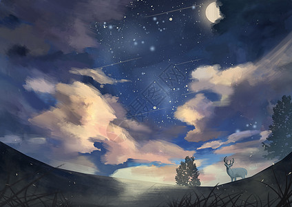 云彩星空下的麋鹿插画
