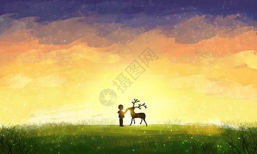 夕阳下的鹿与少年背景图片