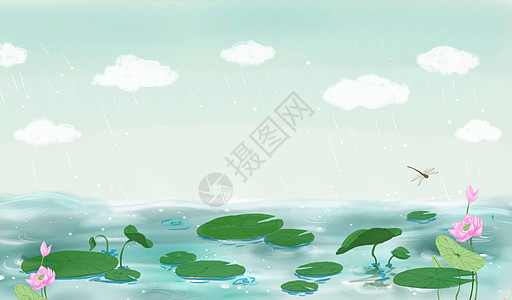 春天雨季荷塘插画图片