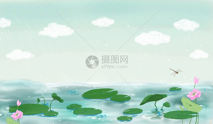 春天雨季荷塘插画图片