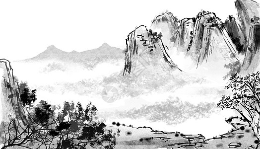 中式山水中国风山水画插画