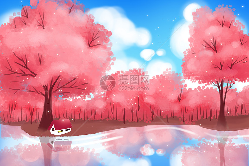 春天红色樱花树林壁纸图片