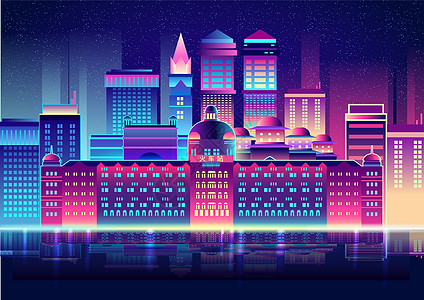 霓虹建筑炫彩扁平化城市插画