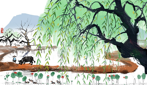 春风十里柳树手绘素材高清图片