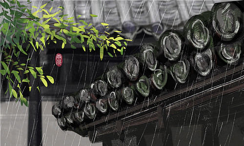 雨水插画江南屋檐高清图片
