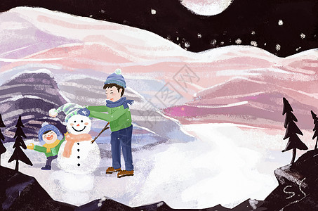 星空PSD家长和孩子冬天堆雪人插画