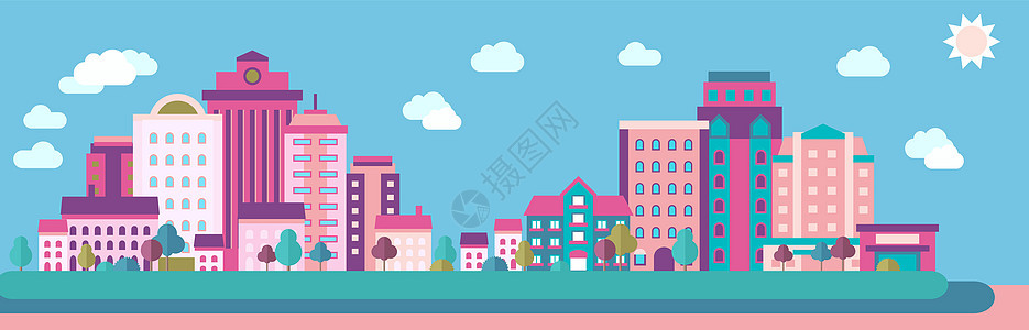 粉色扁平化城市建筑图片
