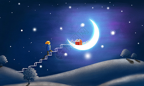 梦幻夜晚小男孩和月亮高清图片