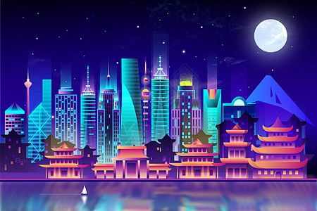 天空夜景素材矢量渐变城市插画