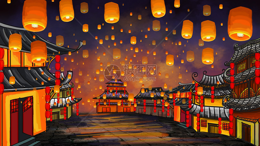 该插花图片标题为元宵节放孔明灯场景插画,编号:400102528,格式:psd