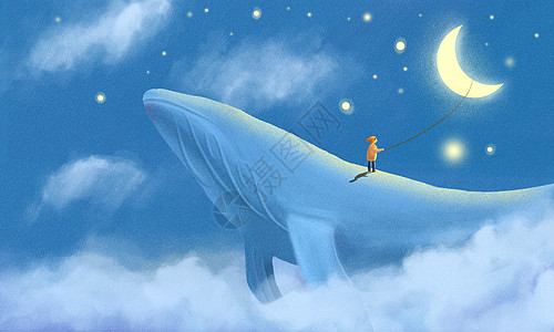 云端鲸鱼与星星对话的小男孩治愈系插画高清图片
