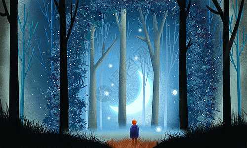迷失的丛林与星星对话的小男孩治愈系插画高清图片