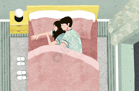 美女床相互拥抱的情侣插画