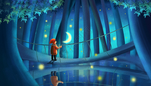 月亮下森林中的小男孩插画
