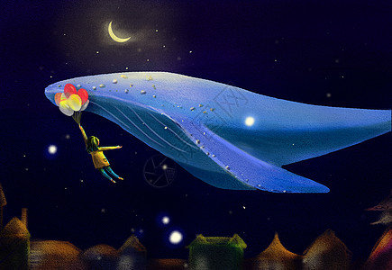 深蓝星空天空中的巨鲸插画
